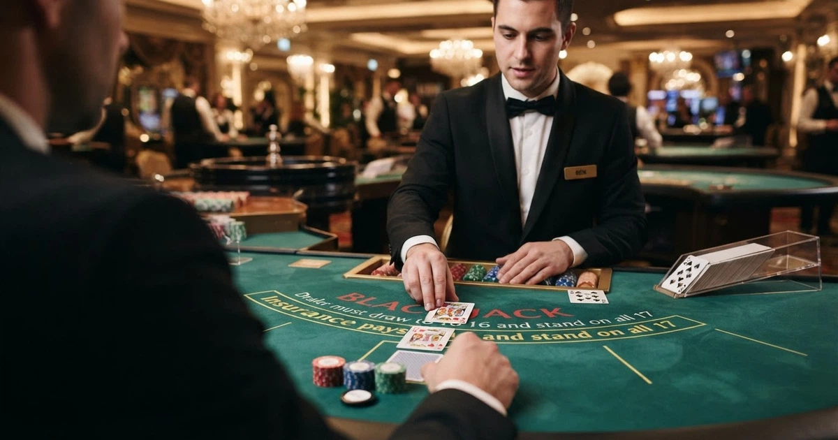 Tavolo da blackjack live con croupier in smoking che distribuisce carte su un tavolo verde professionale, ripreso da un'angolazione che mostra il giocatore virtuale e lo schermo di gioco