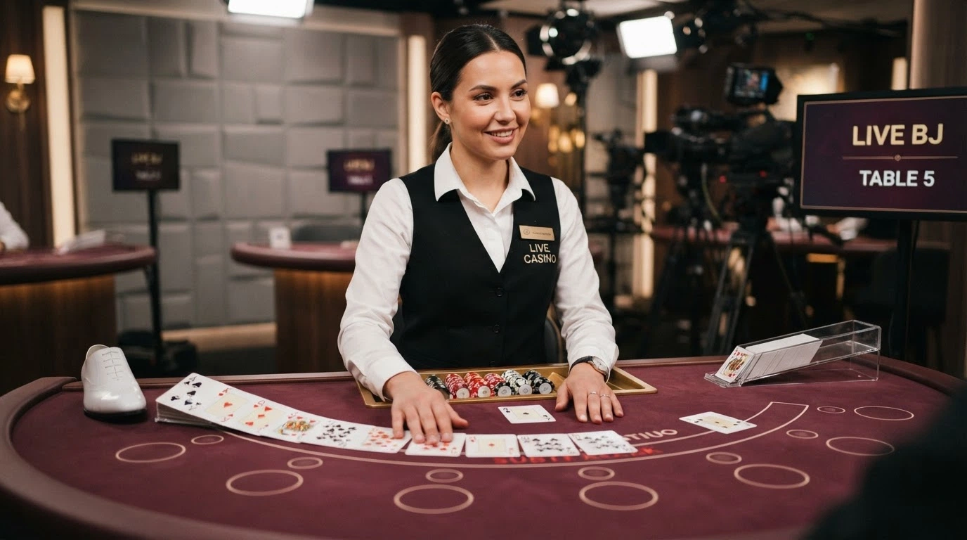 Tavolo da live casino con croupier in uniforme, interfaccia di gioco su schermo e ambiente da studio professionale
