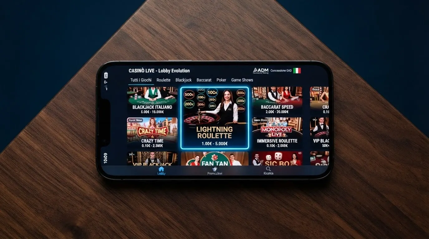 L'interfaccia della lobby di un casinò live con licenza ADM che mostra i tavoli di Lightning Roulette tra i giochi Evolution disponibili