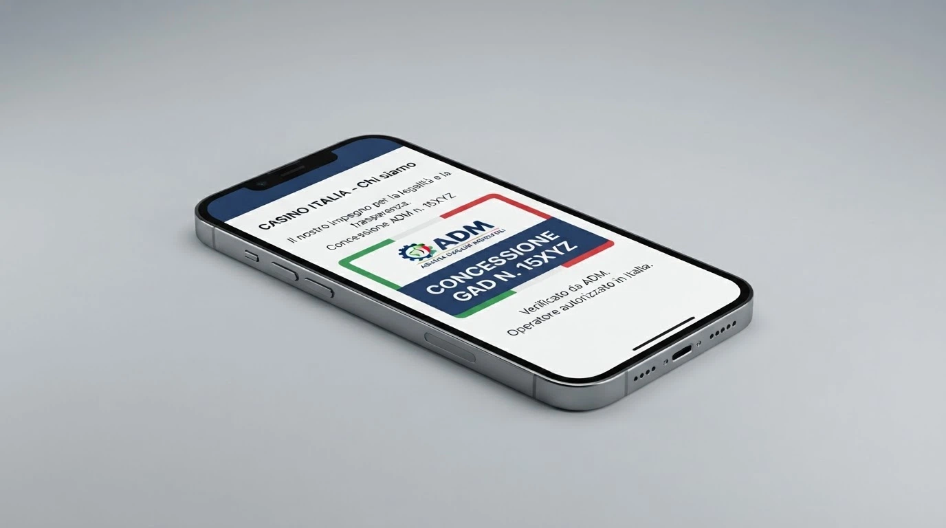 Il logo dell'Agenzia delle Dogane e dei Monopoli accanto al numero di concessione visualizzato nelle impostazioni di un'app casinò Android, con il menu «Chi siamo» aperto