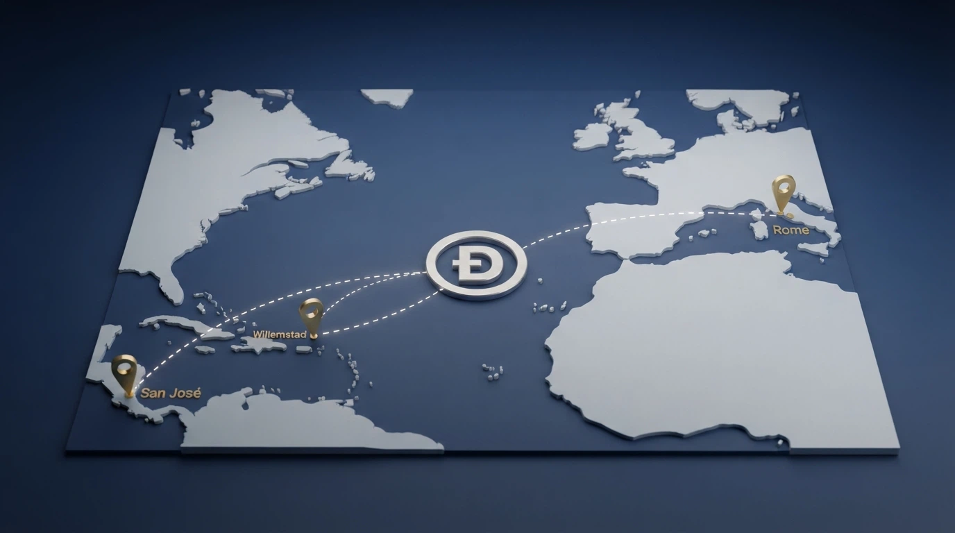 Una mappa stilizzata dell'Europa e dei Caraibi con tre indicatori: uno su Roma (ADM), uno su Willemstad (Curaçao) e uno su San José (Costa Rica), collegati da linee tratteggiate al simbolo di Dogecoin.