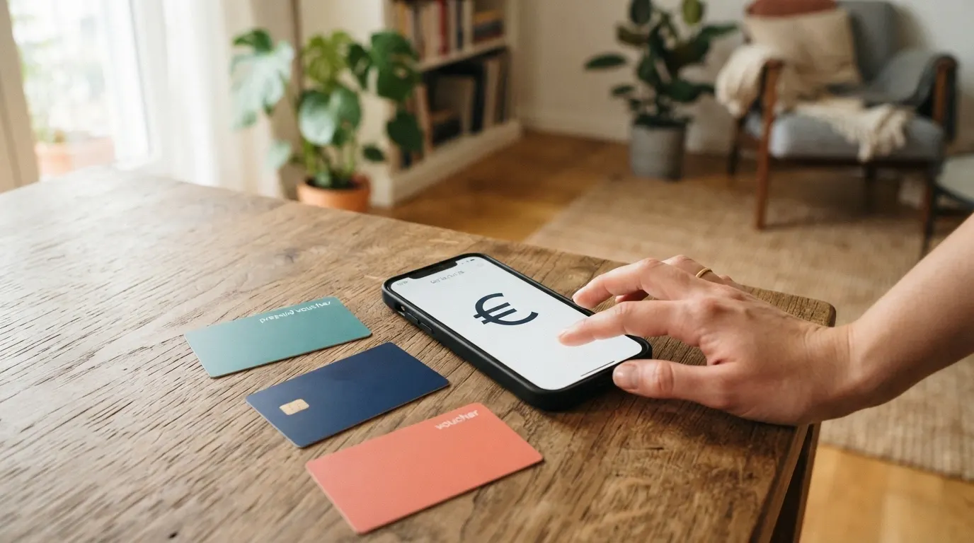 Una carta di credito, uno smartphone con logo PayPal e un voucher Paysafecard disposti a ventaglio sopra un tavolo, con un piano di un casinò sullo sfondo