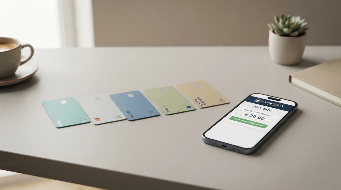 Loghi affiancati dei metodi di pagamento PayPal, PostePay, Paysafecard, Skrill e bonifico bancario con l'indicazione «deposito 20€» sotto ciascuno