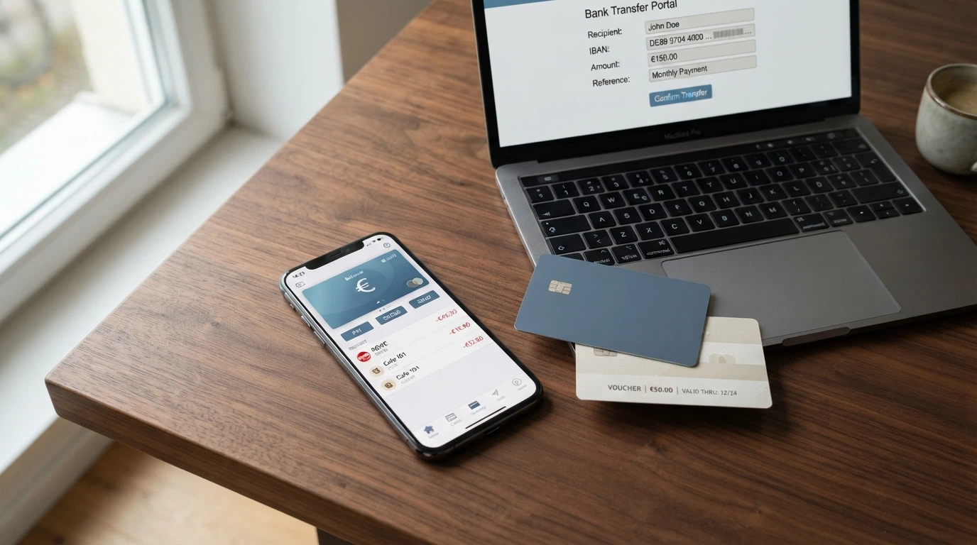 Una selezione di strumenti di pagamento disposti su un tavolo: un telefono con l'app di un wallet, una carta prepagata, un voucher Paysafecard e la schermata di un bonifico bancario