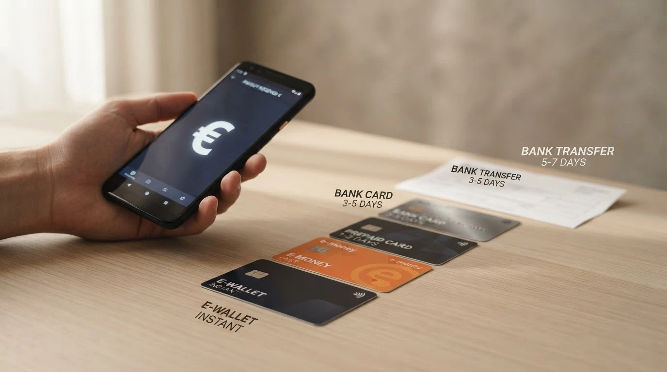 Icone dei principali metodi di pagamento (PayPal, Skrill, Neteller, Postepay, Visa, bonifico) disposte su una linea del tempo dal più rapido al più lento