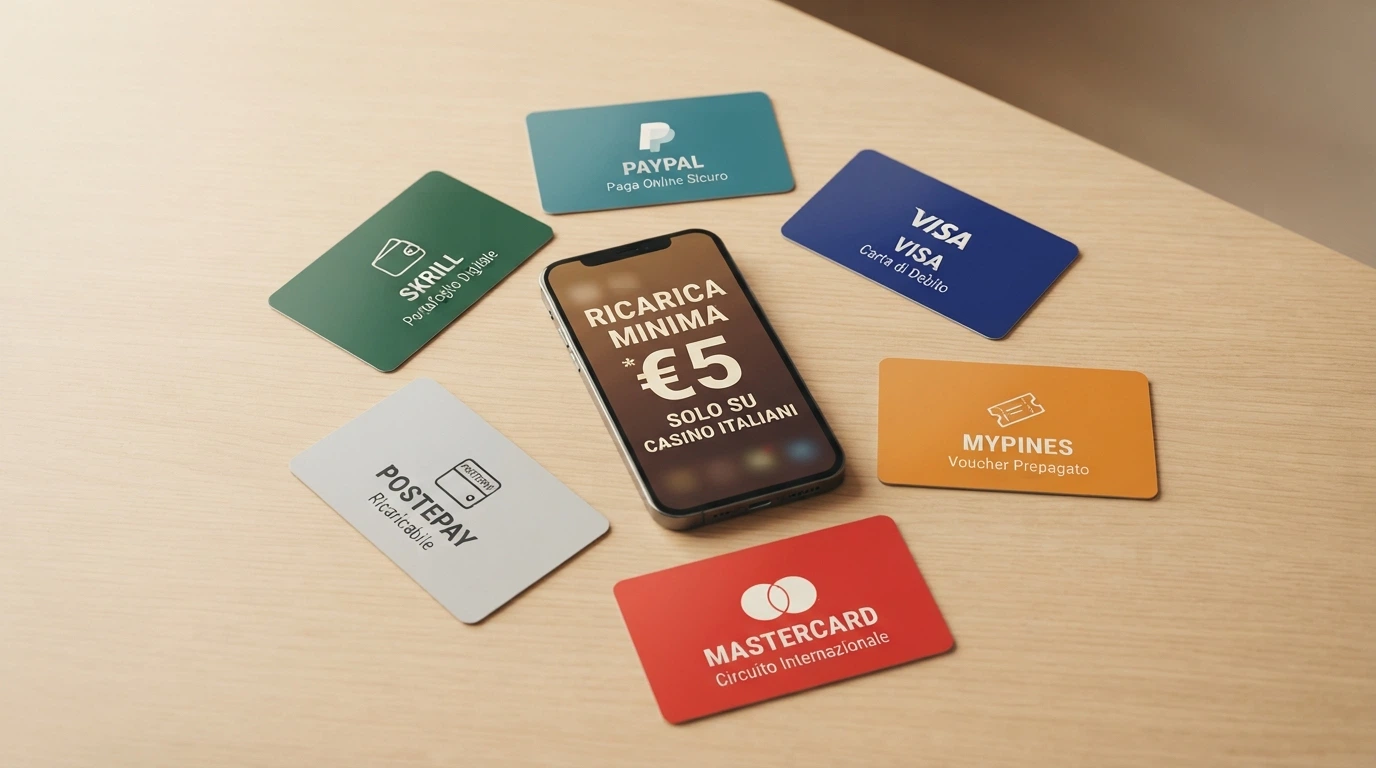 I loghi dei metodi di pagamento che accettano 5 euro — PayPal, Postepay, Skrill, Paysafecard — disposti sopra la sagoma della penisola italiana