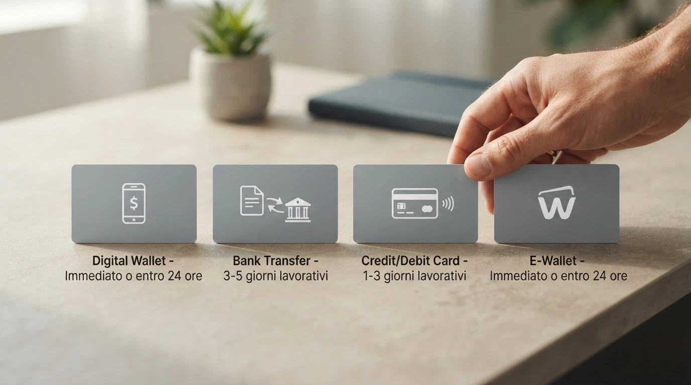 Icone dei metodi di pagamento — PayPal, bonifico bancario, carta di credito e portafoglio elettronico — affiancate con accanto l'indicazione del tempo di accredito
