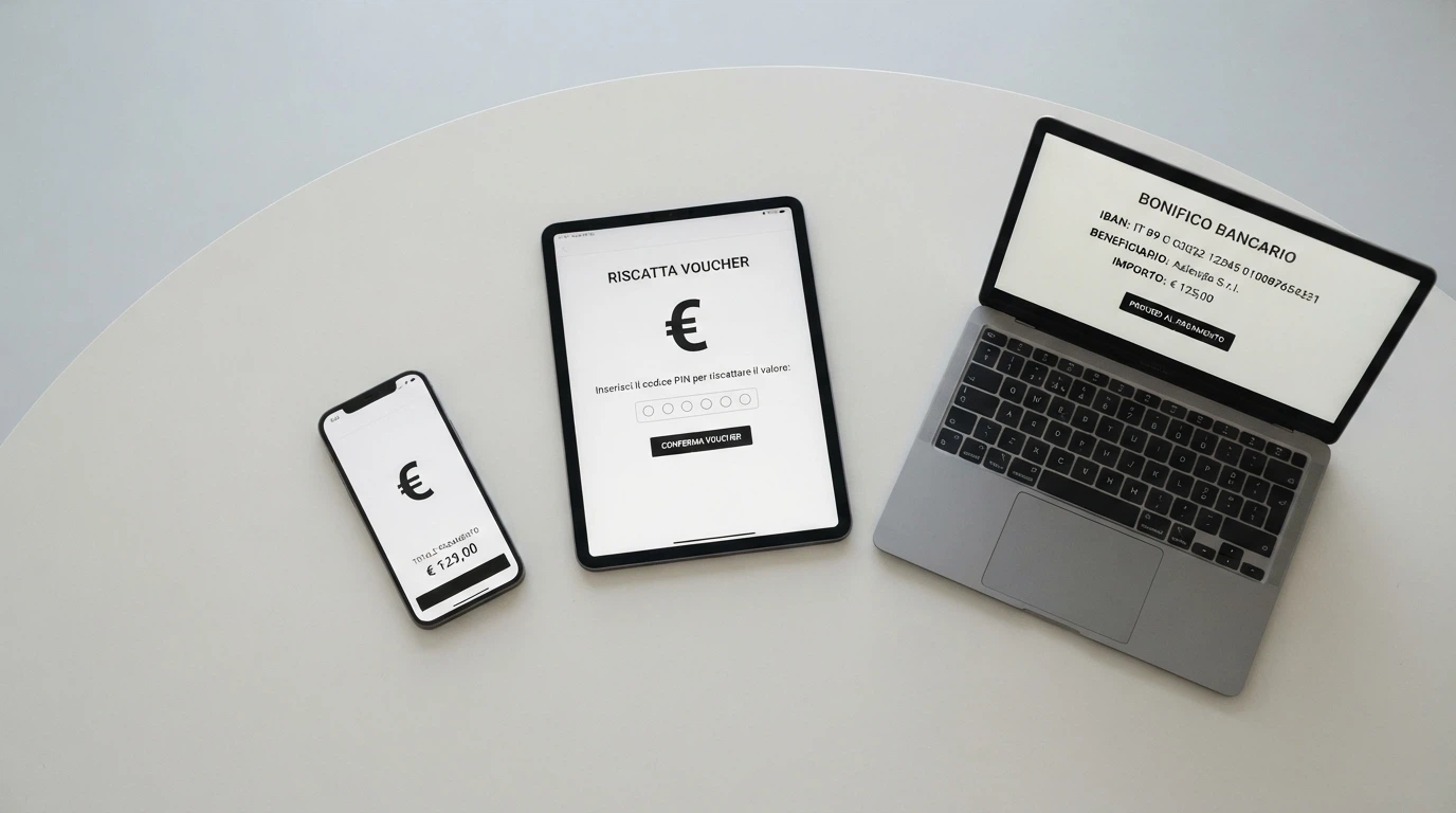Tre dispositivi affiancati — uno smartphone con l'icona del credito telefonico, un tablet con un voucher OnShop e un computer con la schermata di un bonifico — a rappresentare i canali di ricarica