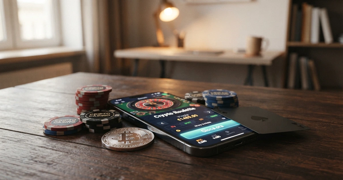 Un casinò online con il logo di Bitcoin Cash su uno schermo, chip da poker e un'interfaccia di gioco in italiano