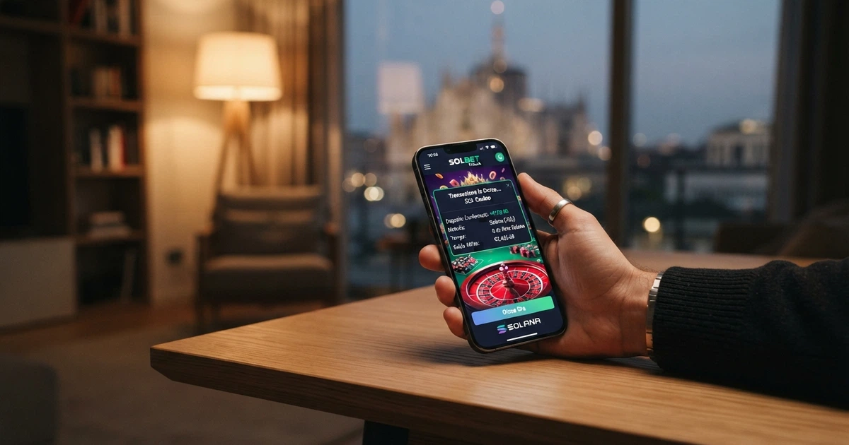 Un'interfaccia di casinò online con il logo di Solana e un wallet Phantom sullo sfondo, transazione in corso