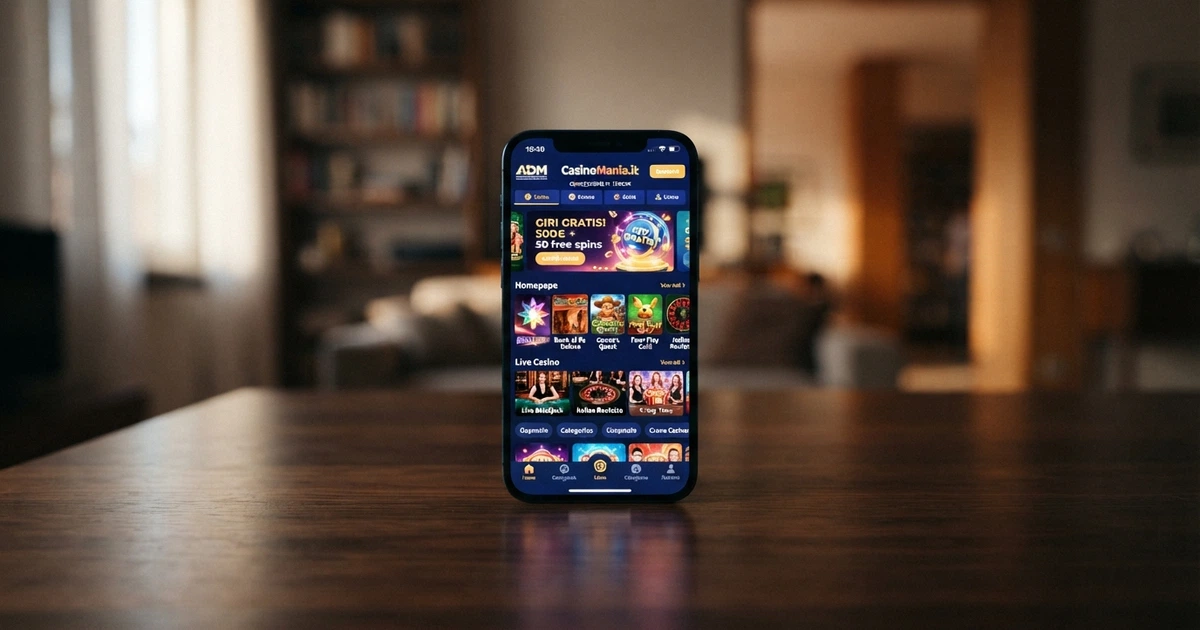 Schermata di un'app casinò con licenza ADM su smartphone, con interfaccia lobby giochi in italiano