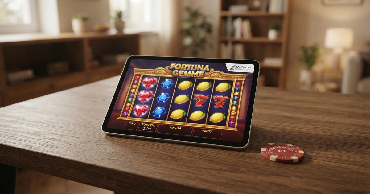 Un confronto visivo tra l'interfaccia di un casinò online regolamentato e i simboli della concessione ADM, con schermo di gioco e logo ADM in evidenza