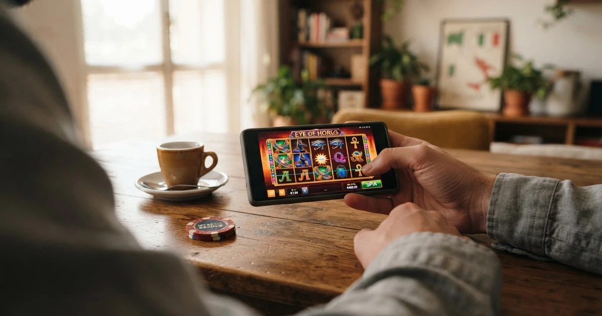Schermata di un casinò online con licenza ADM che mostra il catalogo slot con un titolo Merkur in primo piano, interfaccia in lingua italiana e simbolo del lucchetto di connessione sicura