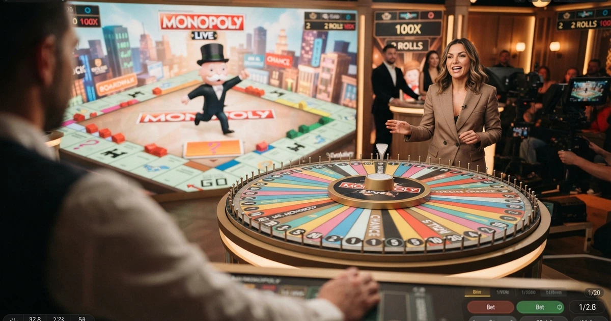 La ruota del Monopoly Live di Evolution in primo piano con il tabellone bonus 3D e Mr. Monopoly sullo sfondo dello studio live