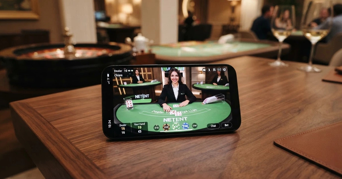 Un tavolo da blackjack live dealer con croupier in streaming su uno schermo, interfaccia di gioco NetEnt visibile, ambiente da studio professionale