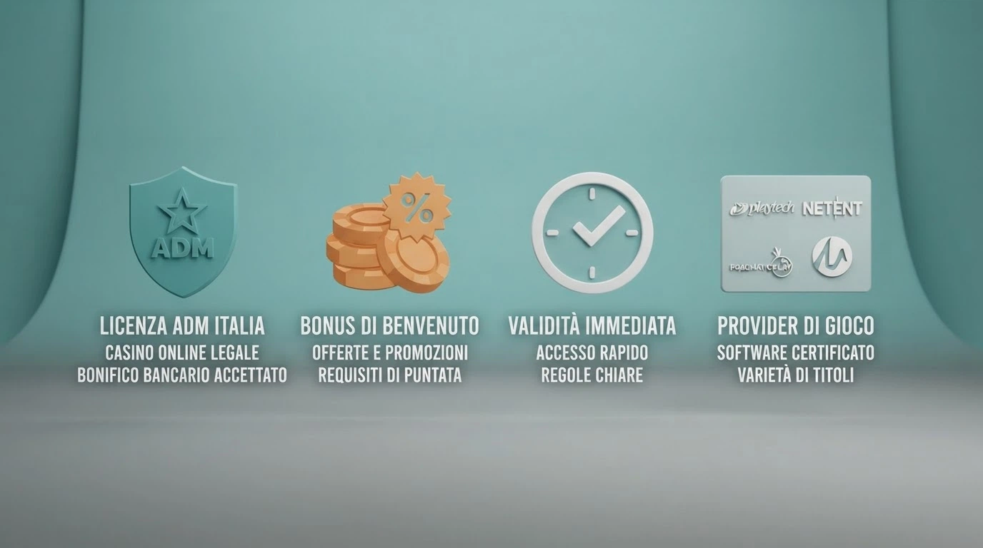 Una tabella comparativa stilizzata con icone che rappresentano licenza, bonus, orologio (validità) e provider, affiancata ai loghi ufficiali degli operatori con concessione ADM