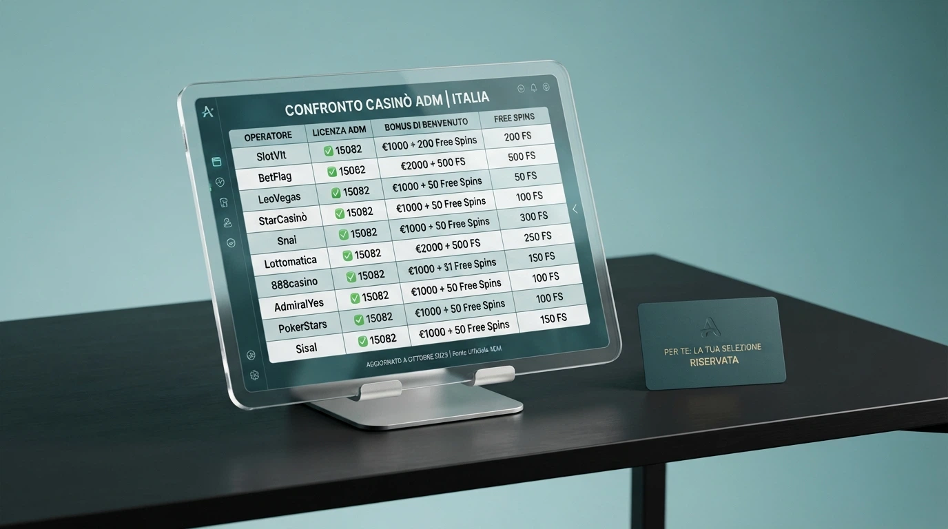 Una schermata che mostra una lista comparativa di casinò online con loghi, affiancata dall'icona del certificato ADM e da un calendario che evidenzia la data di compleanno