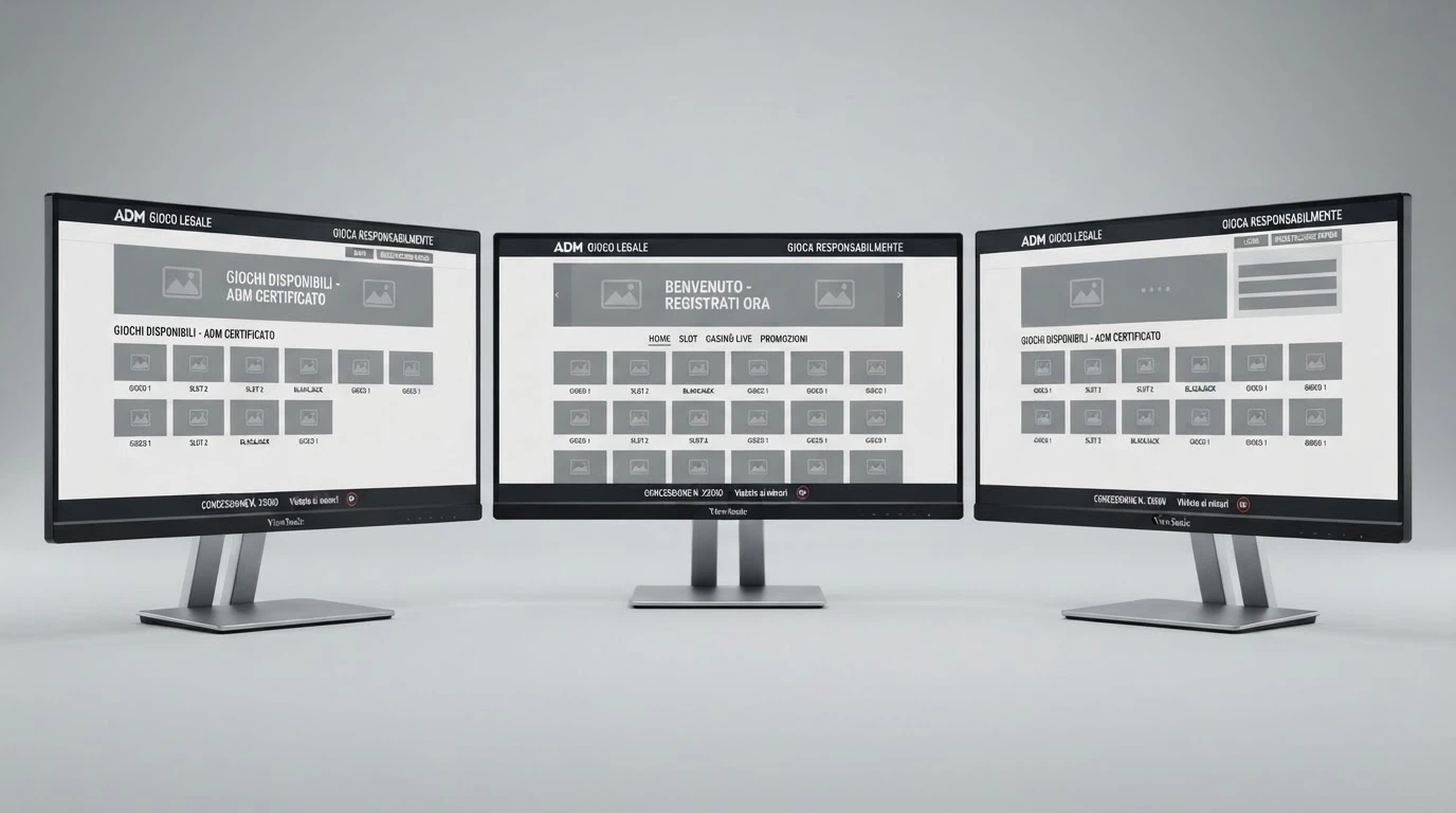 Le homepage di tre casinò online ADM affiancate su desktop, con i badge delle concessioni in evidenza e i pulsanti di registrazione