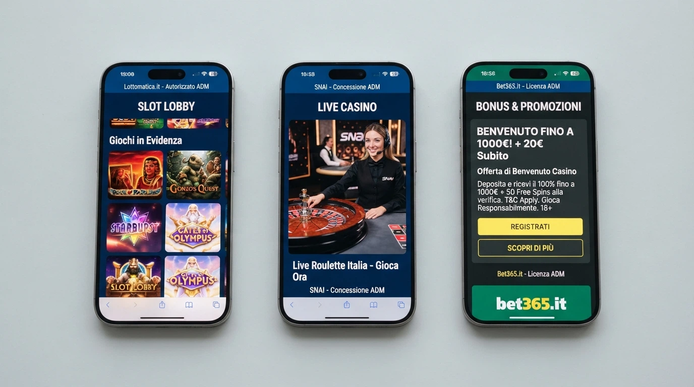 Tre schermate affiancate di app casinò ADM, con interfacce di lobby, catalogo slot e area bonus a confronto