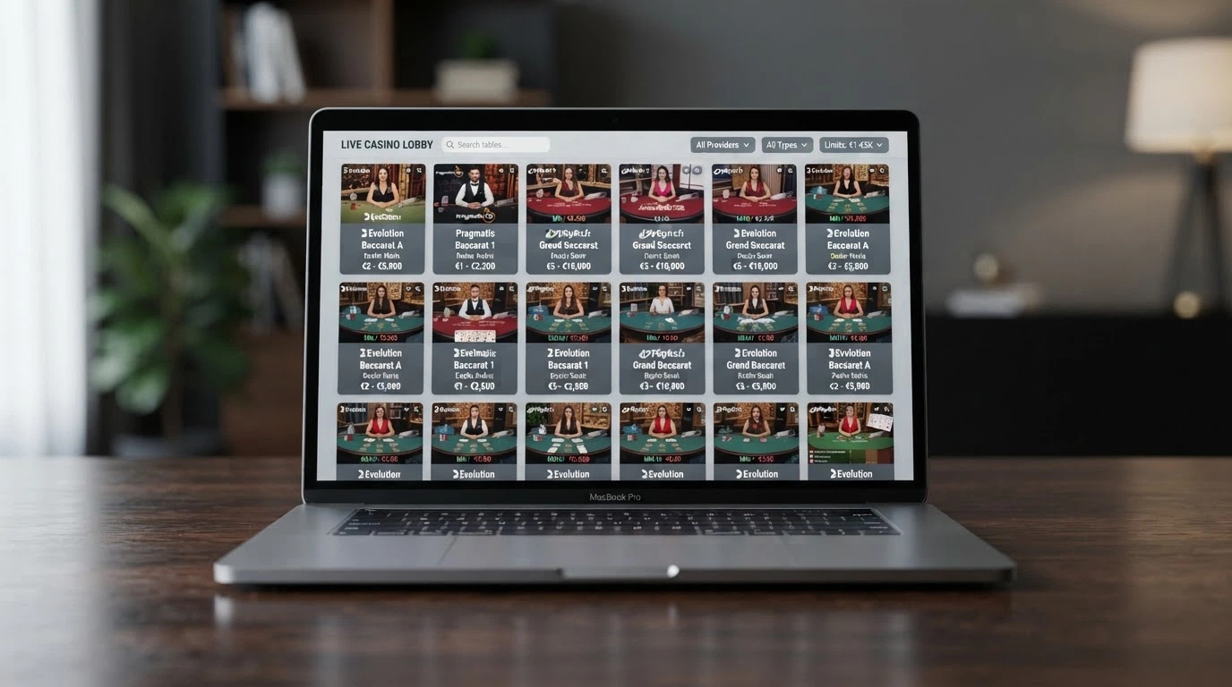 Schermata di un'interfaccia di casinò online con la lobby del live casinò, anteprime dei tavoli di baccarat disponibili, limiti di puntata esposti e l'indicazione del provider live accanto a ciascun tavolo