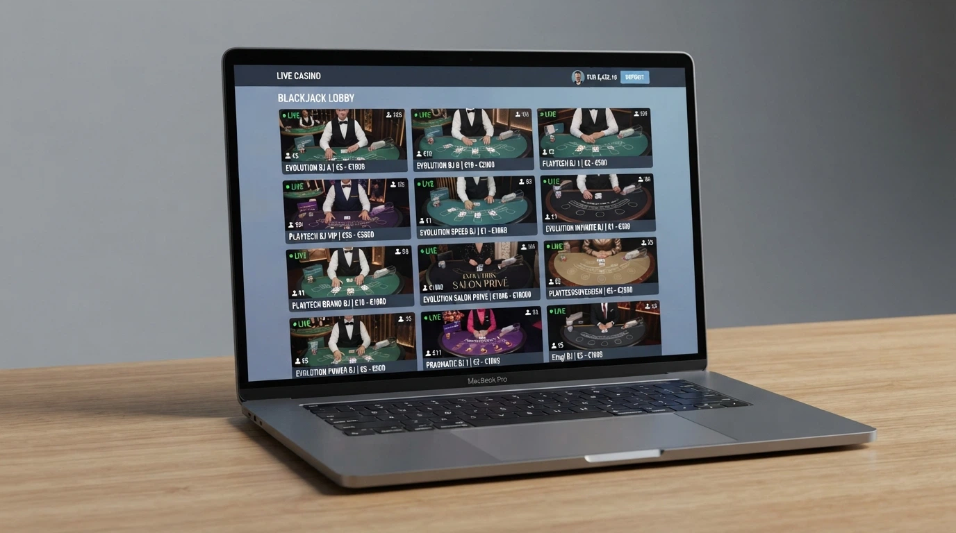 Interfaccia di un casinò online ADM con la lobby del blackjack live aperta e diverse miniature dei tavoli disponibili, inclusi i nomi dei provider e i limiti di puntata