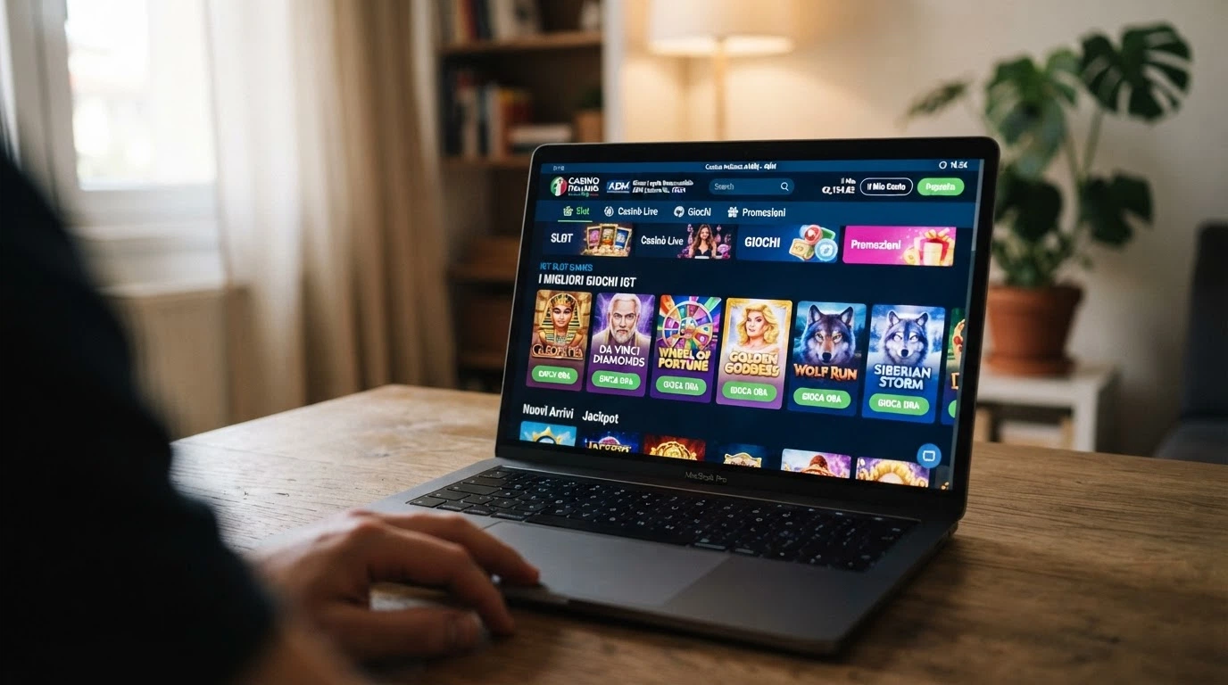 Interfaccia di un casinò ADM con licenza visibile, logo IGT e pulsante di registrazione in italiano