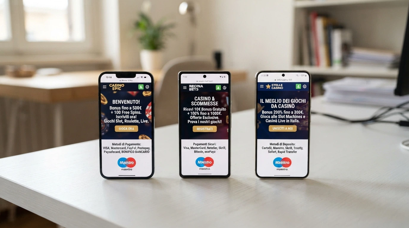 Una schermata comparativa che mostra le homepage di tre diversi casinò non AAMS, ciascuna con il logo Maestro visibile nella sezione metodi di pagamento in fondo alla pagina.