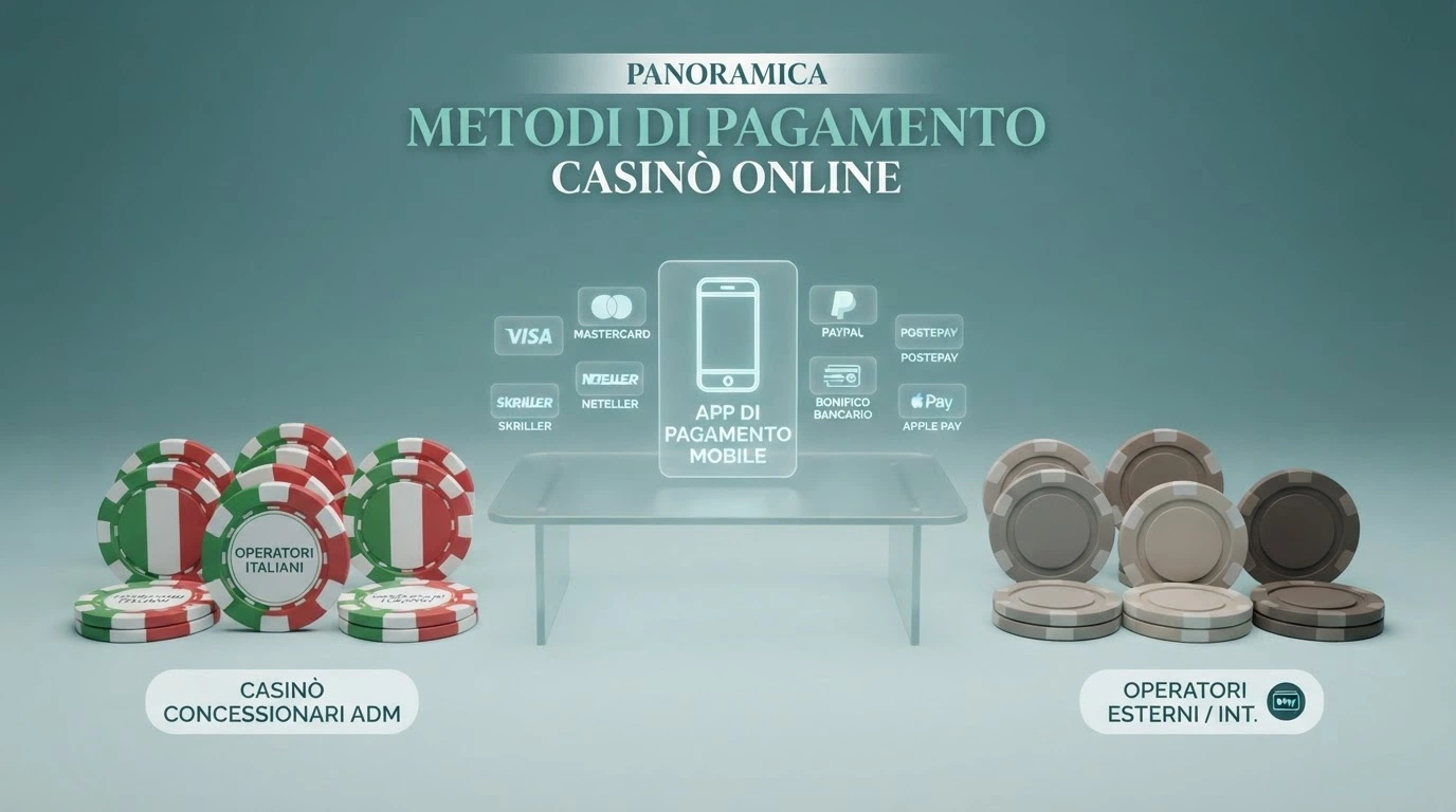 Una tabella comparativa stilizzata con le icone delle licenze (ADM e non AAMS) e i metodi di pagamento disponibili per ciascun operatore