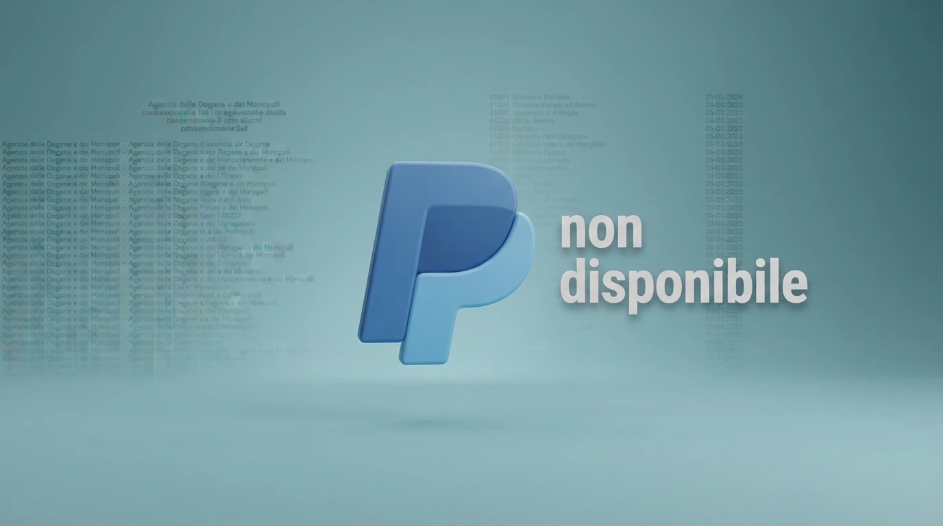 Il logo PayPal accanto alla scritta «non disponibile» su uno sfondo che mostra l'elenco dei concessionari ADM