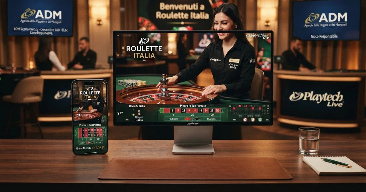 Croupier dal vivo a un tavolo Playtech con interfaccia di gioco in italiano su schermo desktop e mobile