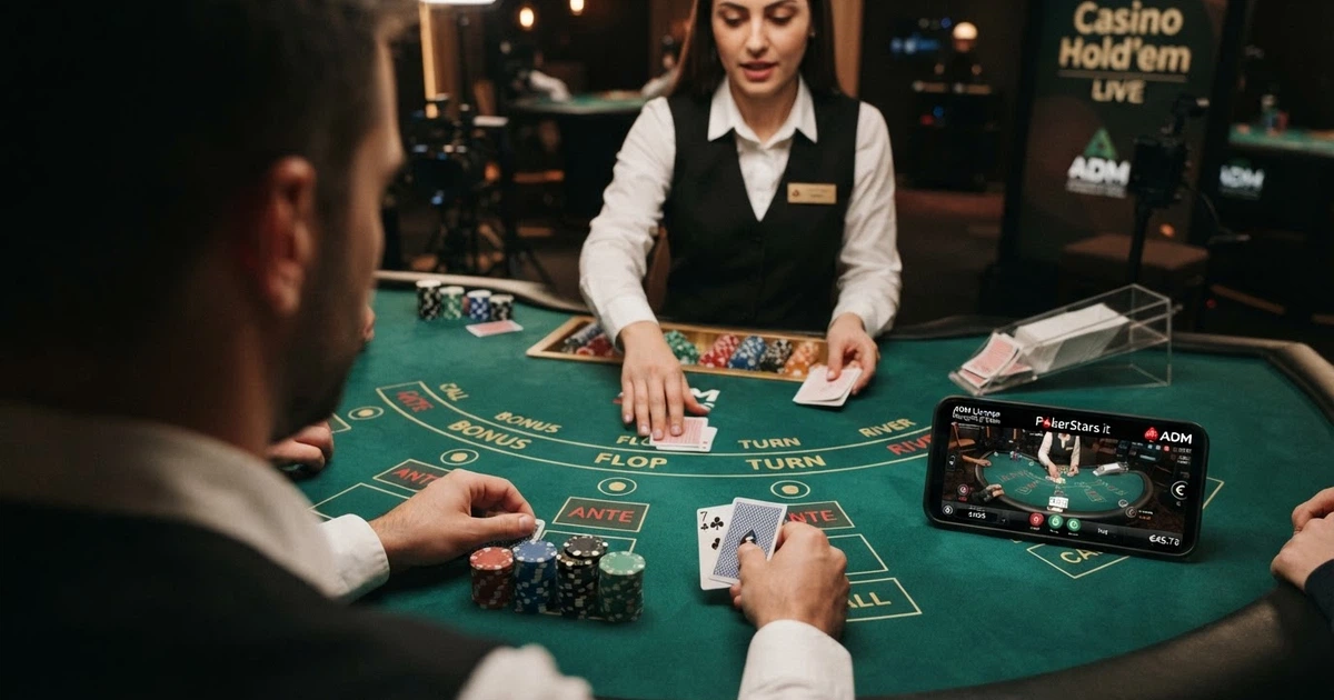 Un tavolo da poker con dealer dal vivo in streaming su uno schermo, fiches disposte sul tavolo verde e l'interfaccia di un casinò online ADM visibile.