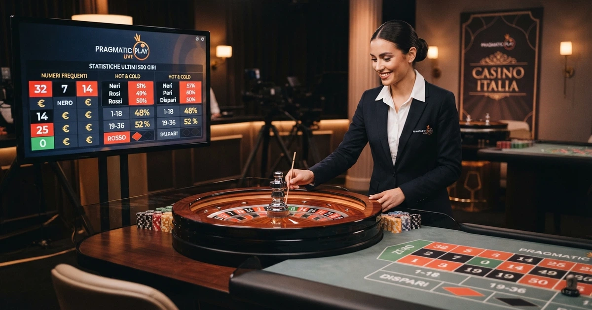 Tavolo da roulette dal vivo con croupier in uniforme e interfaccia di gioco con statistiche in tempo reale in uno studio broadcast Pragmatic Play