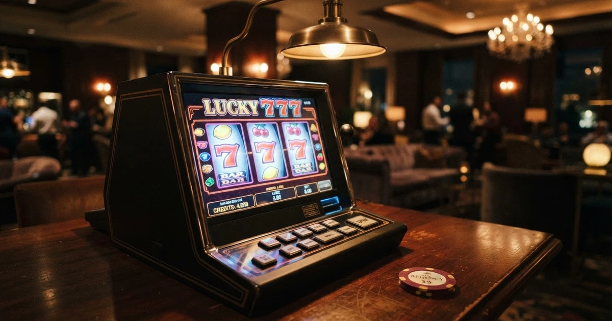 Primo piano di una slot machine con i rulli in movimento, simboli colorati visibili sullo schermo e il pannello comandi illuminato