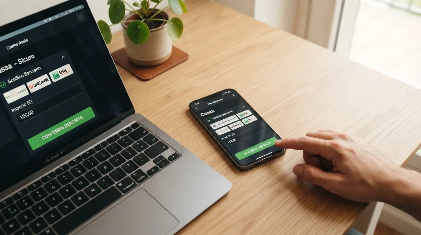 La schermata della cassa di un casinò online con l'opzione MyBank selezionata tra i metodi di pagamento, accanto a una finestra di online banking