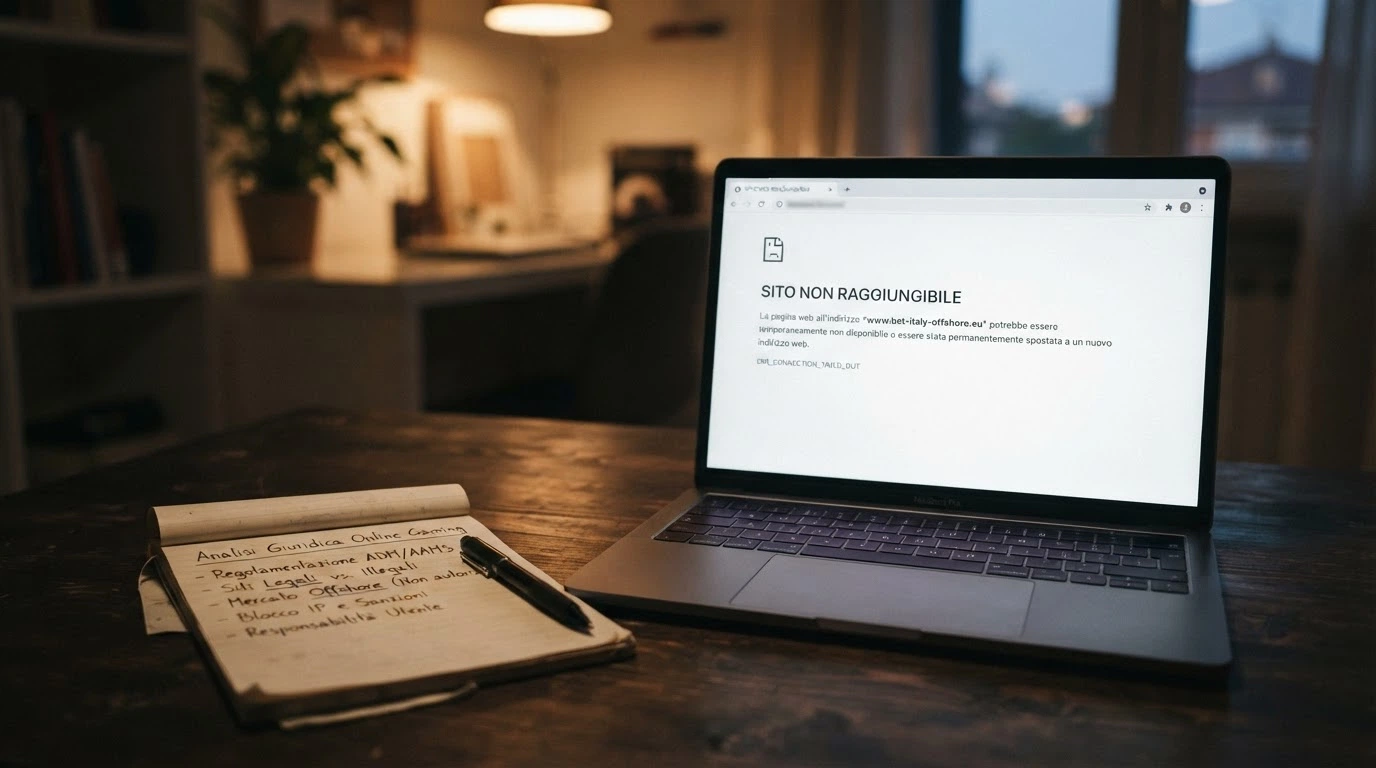 Un documento ufficiale con il logo dell'ADM accanto allo schermo di un computer che mostra un messaggio di «sito non raggiungibile» (DNS blocking), con un punto interrogativo al centro.