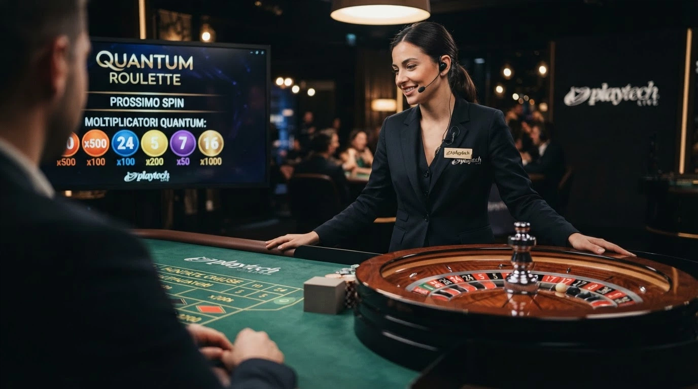 Tavolo della Quantum Roulette Playtech con interfaccia moltiplicatori visibile e croupier inquadrato
