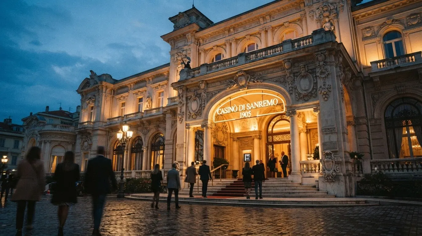 La facciata storica di uno dei quattro casinò fisici autorizzati in Italia, con l'insegna illuminata