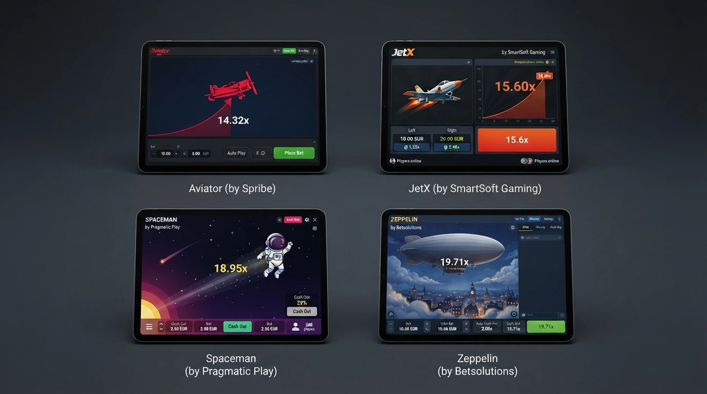 Le schermate dei quattro crash game autorizzati nei casinò con licenza ADM: Aviator, JetX, Spaceman e Zeppelin