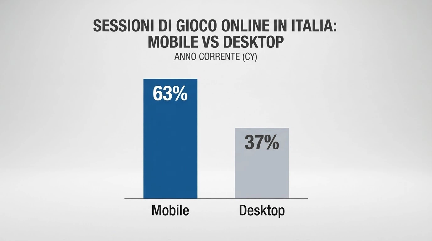 Grafico a barre che mostra la percentuale di sessioni di gioco online da mobile rispetto a desktop in Italia nel 2026