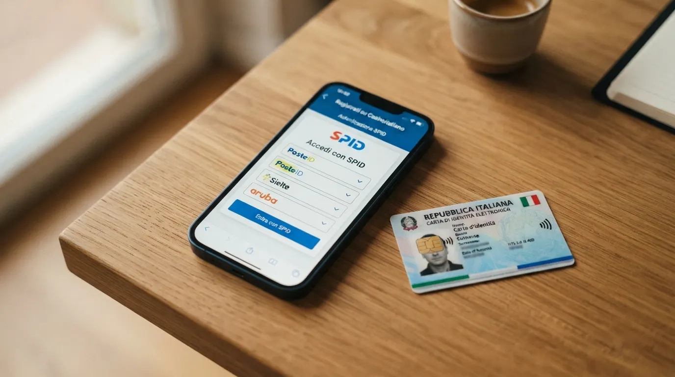 Uno smartphone con la schermata di login SPID accanto alla Carta d'Identità Elettronica e all'interfaccia di un casinò online