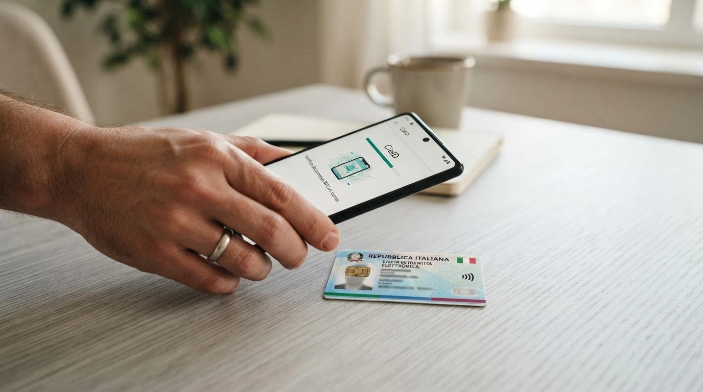 Uno smartphone con l'app CieID aperta mentre viene avvicinato a una Carta d'Identità Elettronica per la lettura NFC dei dati anagrafici