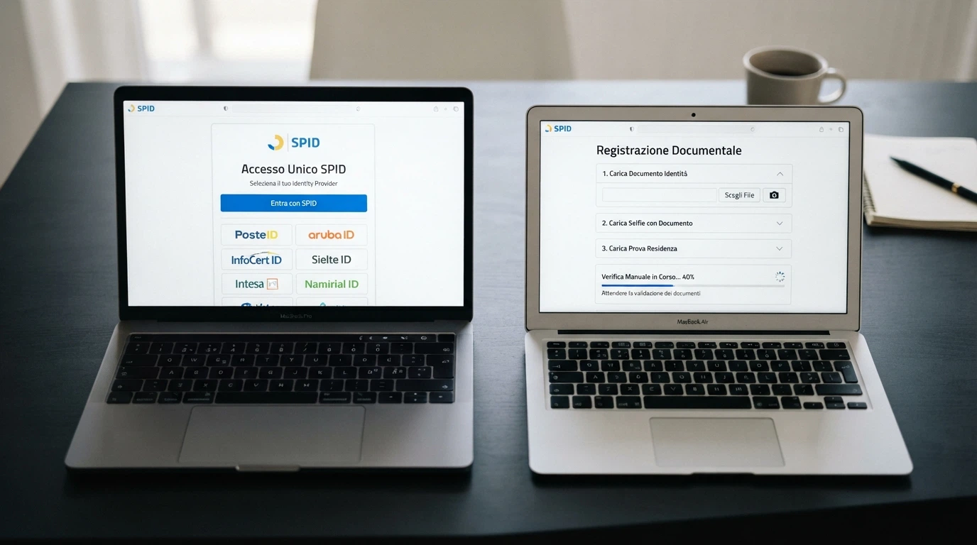Due schermate affiancate: a sinistra la registrazione con SPID (un solo clic sull'Identity Provider), a destra la procedura classica con upload di documento, selfie e bolletta