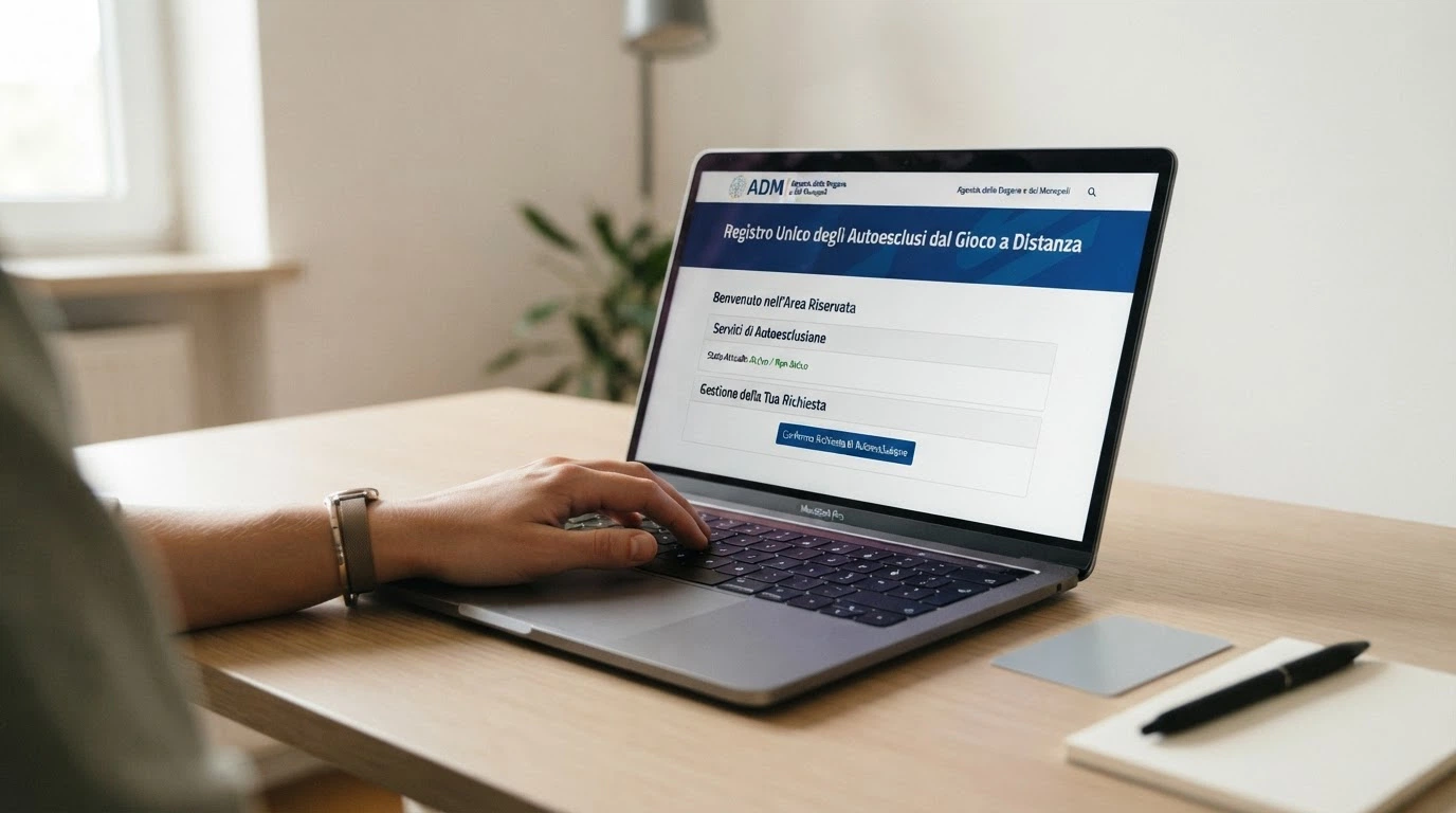 L'interfaccia del portale ADM con la scritta «Registro Unico degli Autoesclusi» e l'icona di un lucchetto aperto accanto a una carta d'identità elettronica