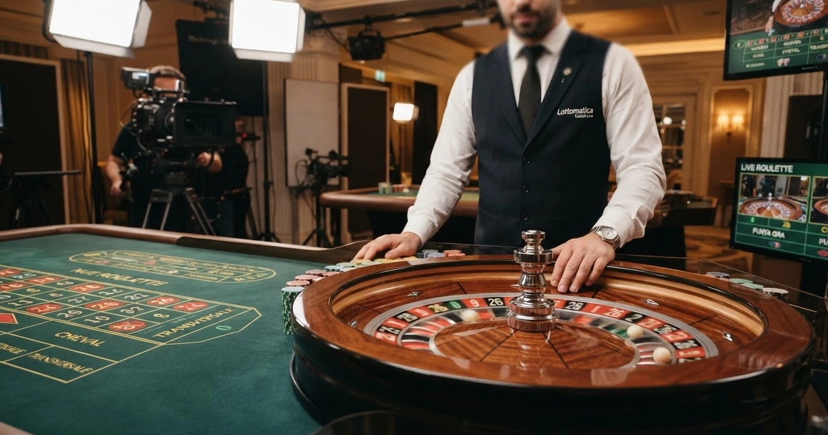 Tavolo di roulette dal vivo con croupier in primo piano, ruota e tappeto verde, streaming da studio professionale