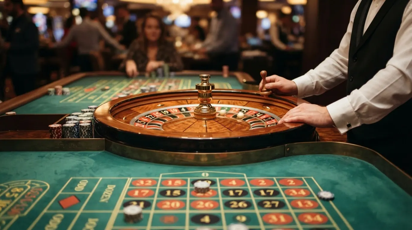 Un primo piano di un tavolo da roulette europea in un casinò live, con il cilindro numerato, la pallina in corsa e il layout delle puntate ben visibile sullo schermo