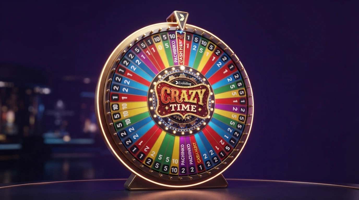 La ruota del Crazy Time di Evolution Gaming in uno studio live, con il conduttore accanto ai segmenti colorati e ai moltiplicatori sullo schermo
