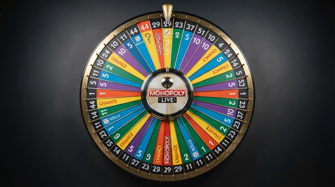 Primo piano della ruota di Monopoly Live con i segmenti numerici 1, 2, 5, 10 e i segmenti Chance, 2 Rolls e 4 Rolls chiaramente visibili