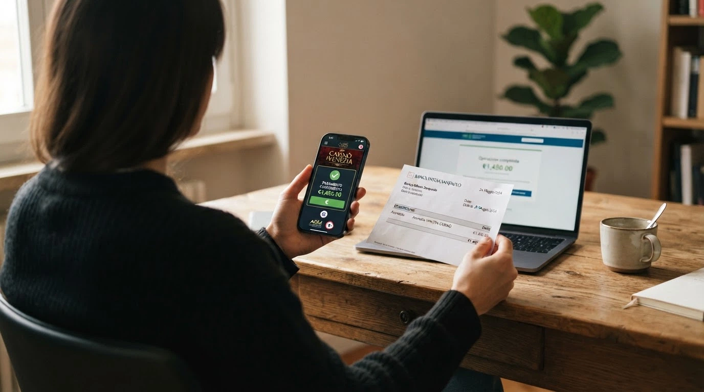 Una persona sorridente davanti allo schermo di un computer, con l'estratto conto di un e-wallet in una mano e il telefono con l'app di un casinò nell'altra