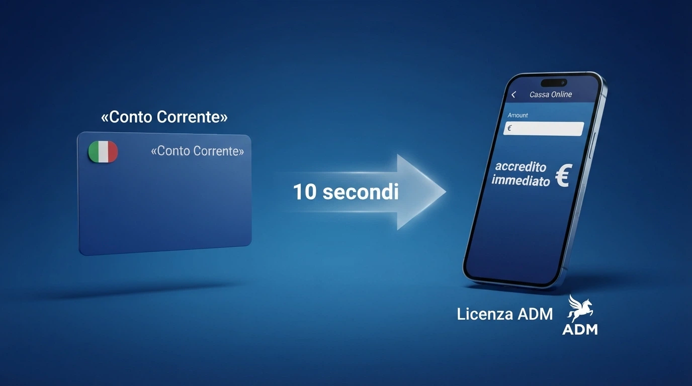 Schema che illustra il percorso di un deposito con bonifico istantaneo: dal conto corrente del giocatore, attraverso la banca e il processore di pagamento, fino al conto gioco del casinò
