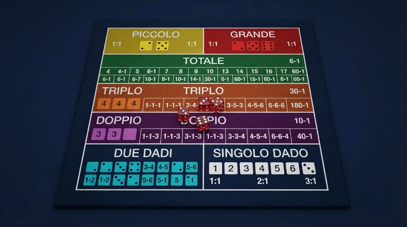 Schema grafico del piano di puntata del tavolo da Sic Bo con tutte le aree di scommessa etichettate in italiano e icone dei dadi
